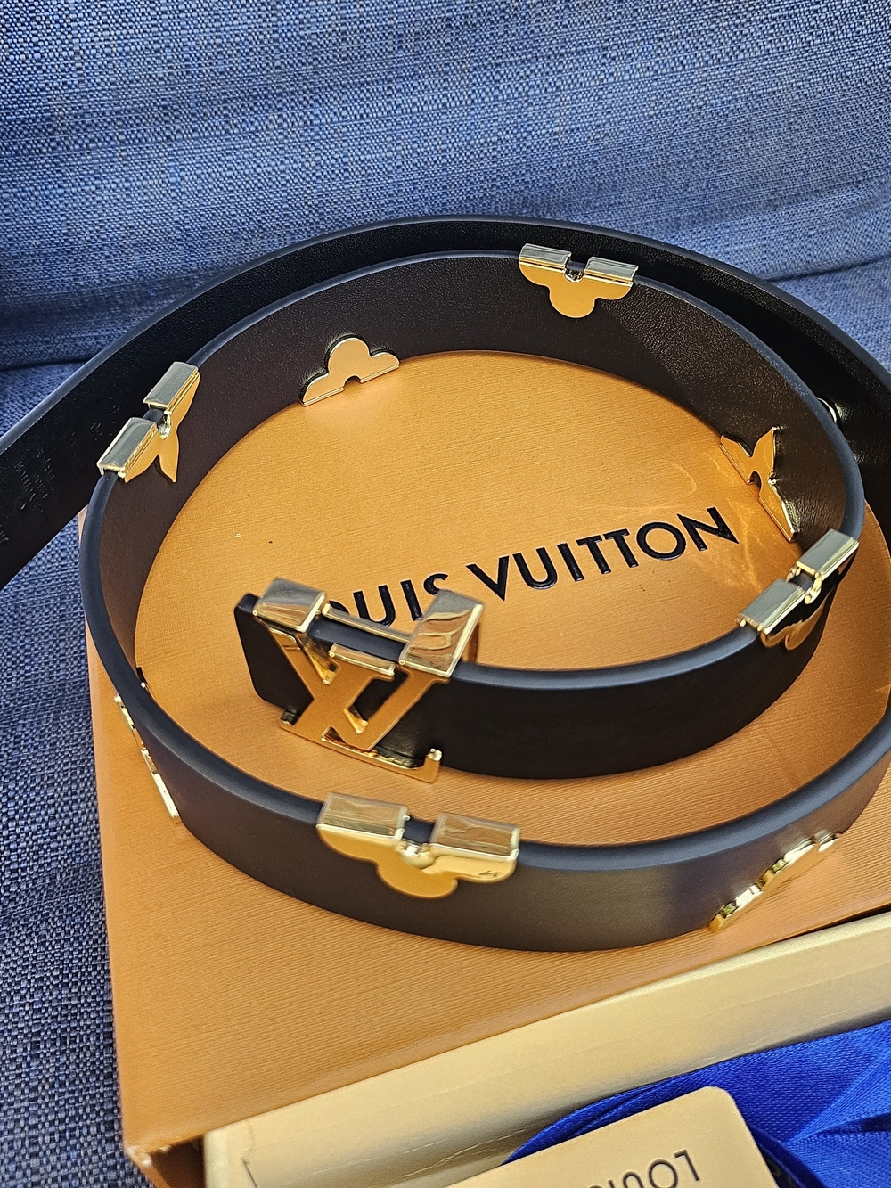Black Leather LV Initiales Belt with Gold Hardware